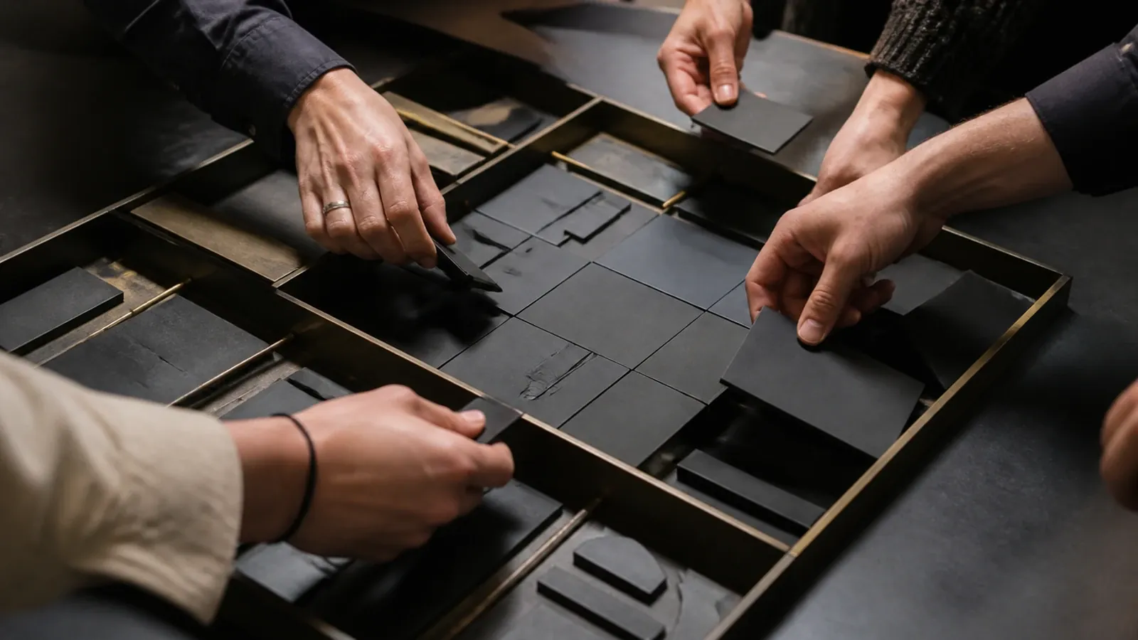 Hands lifting dark panels out of a brass-framed tray on a worktable.